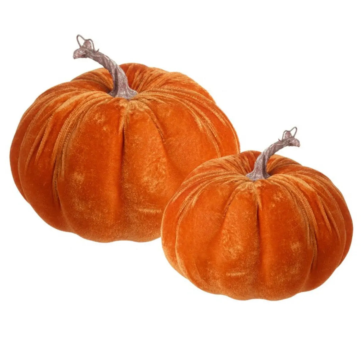Close-up of orange velvet autumn pumpkins by Heaven Sends, showcasing soft fabric texture and seasonal decorative style.