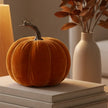 Small orange velvet pumpkin for autumn decor, detailed close-up showcasing soft fabric and textured stem, by Heaven Sends.