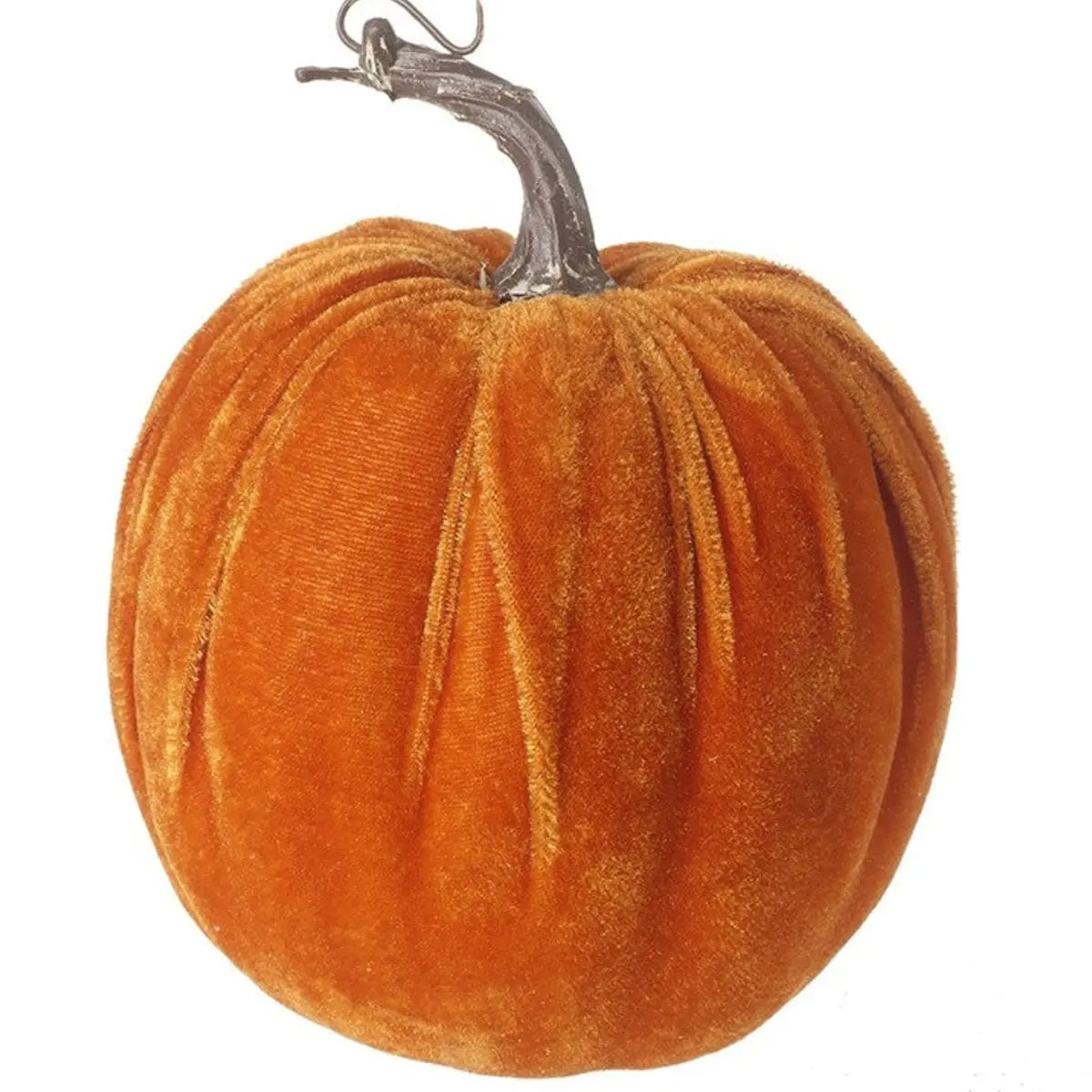 Small orange velvet pumpkin for autumn decor by Heaven Sends, featuring soft plush fabric and detailed stitching.