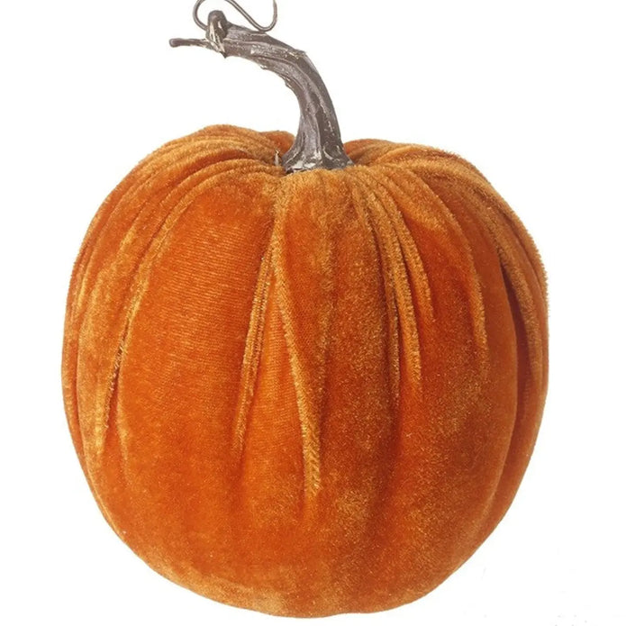 Small orange velvet pumpkin for autumn decor by Heaven Sends, featuring soft plush fabric and detailed stitching.