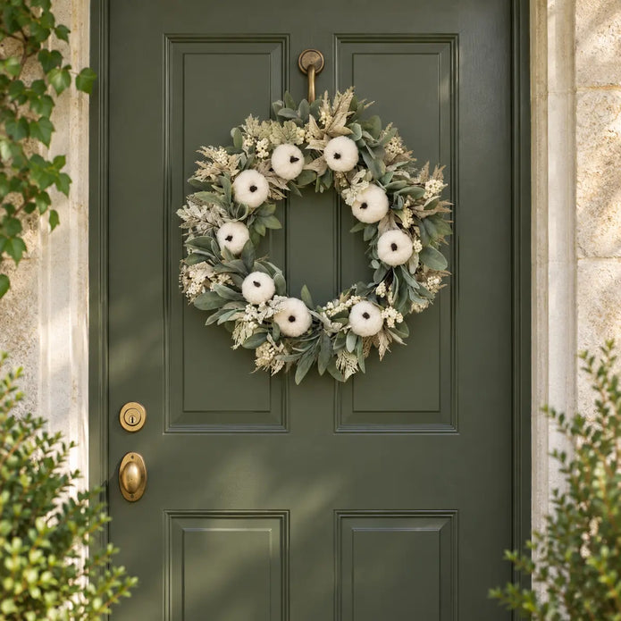 White pumpkin autumn wreath with greenery and decorative accents, perfect for seasonal home decor by Heaven Sends.