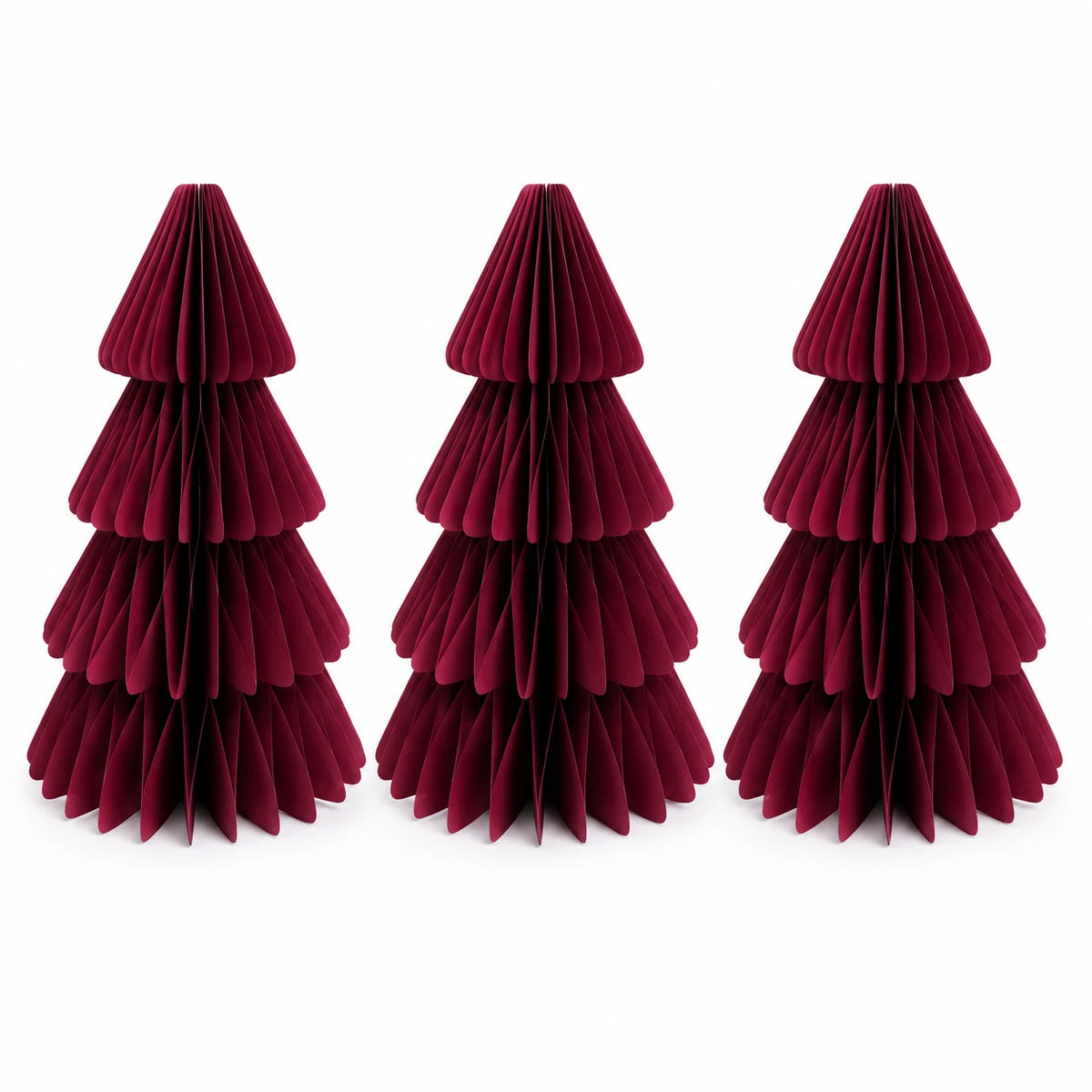Full set of three identical burgundy paper Christmas trees on a white background.