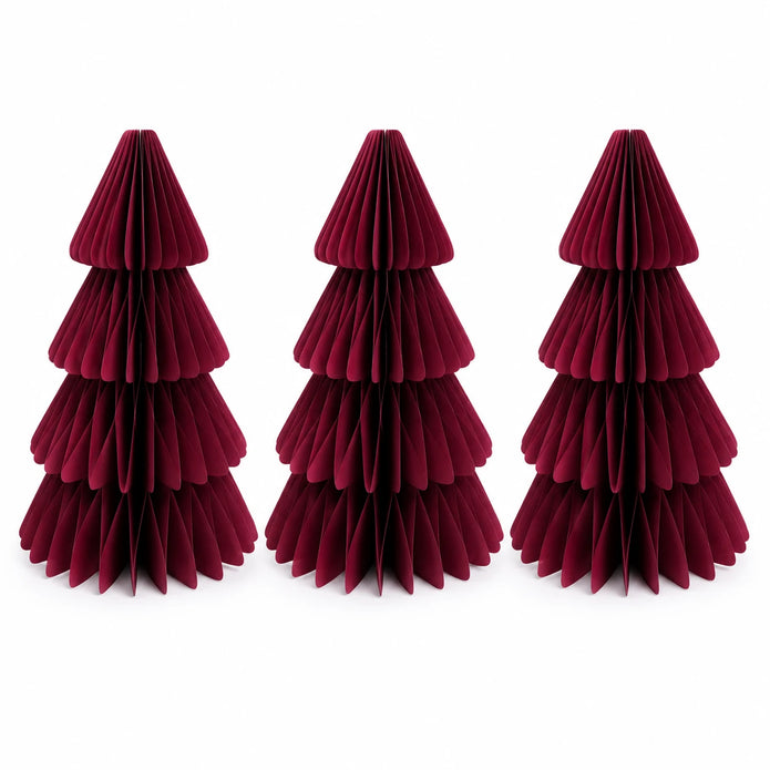 Full set of three identical burgundy paper Christmas trees on a white background.