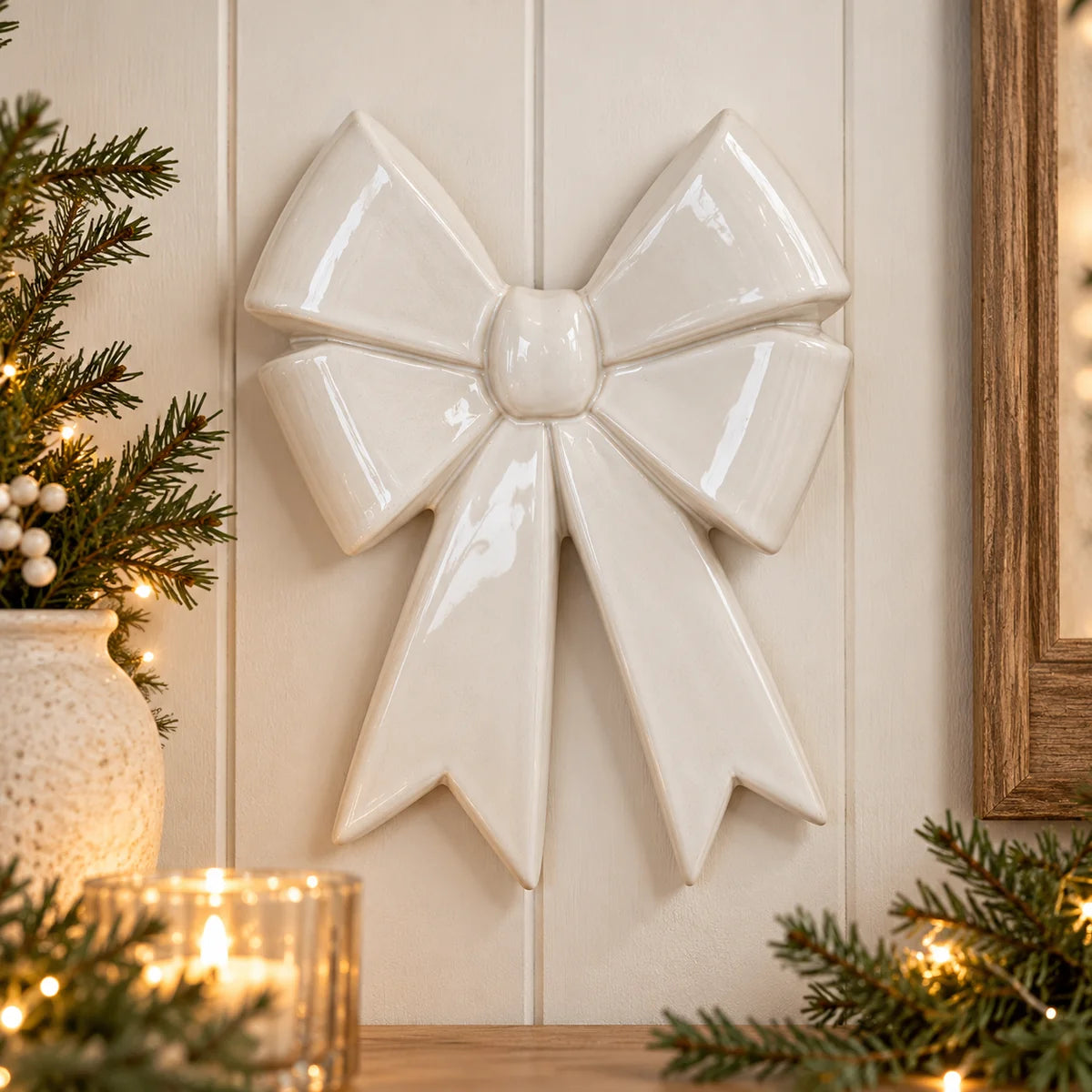 Large white ceramic double bow on cream panelled wall with subtle winter greenery and warm lighting