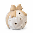Large white ceramic bauble with beige bow topper on a white studio background