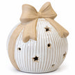 Close-up of the beige ceramic bow, white ribbed glaze and star cutout on the large LED bauble