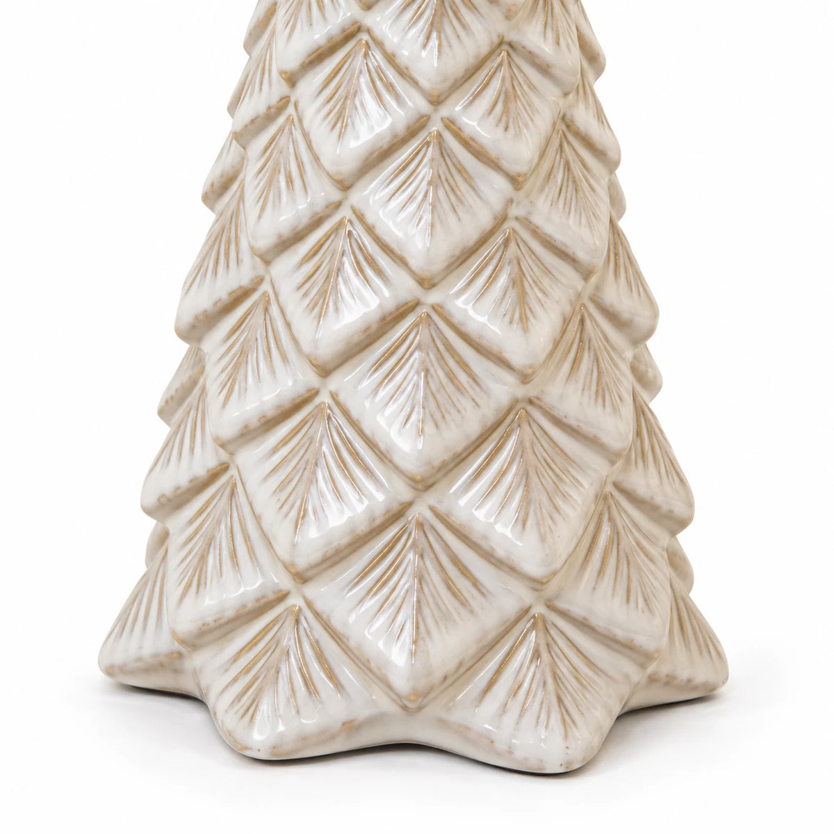 Close-up of sculpted pinecone detailing and ivory glaze on the ceramic Christmas tree