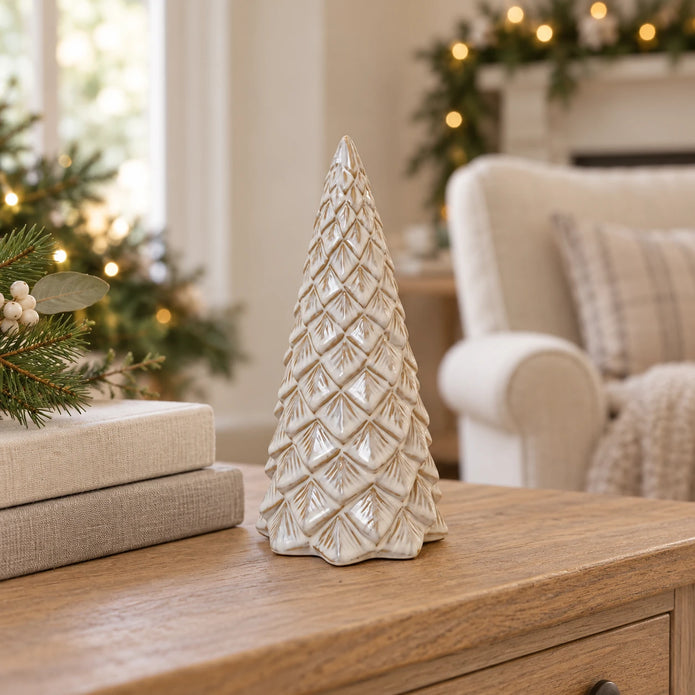 Ivory ceramic pinecone Christmas tree displayed on an oak shelf beside neutral books