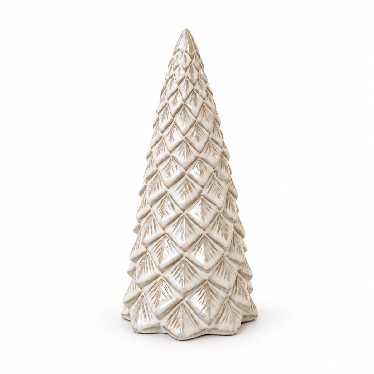 Ivory ceramic pinecone style Christmas tree on a white studio background