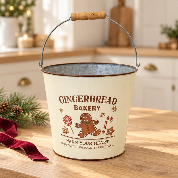 Large Gingerbread Bakery Bucket styled on an oak Christmas kitchen counter