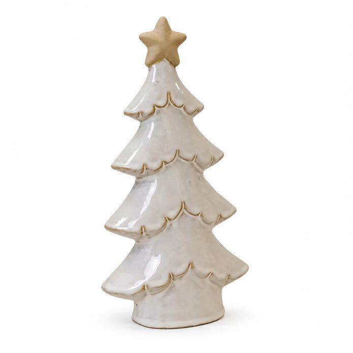 Large glazed ceramic tree with four scalloped tiers and cream star on white background