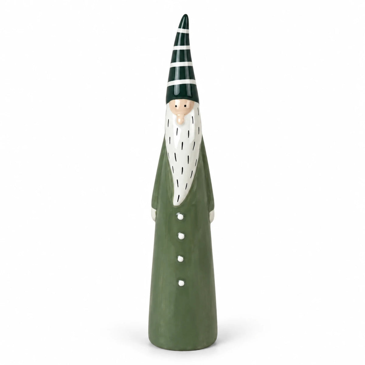 Large green Satchville ceramic Christmas gonk on a white studio background