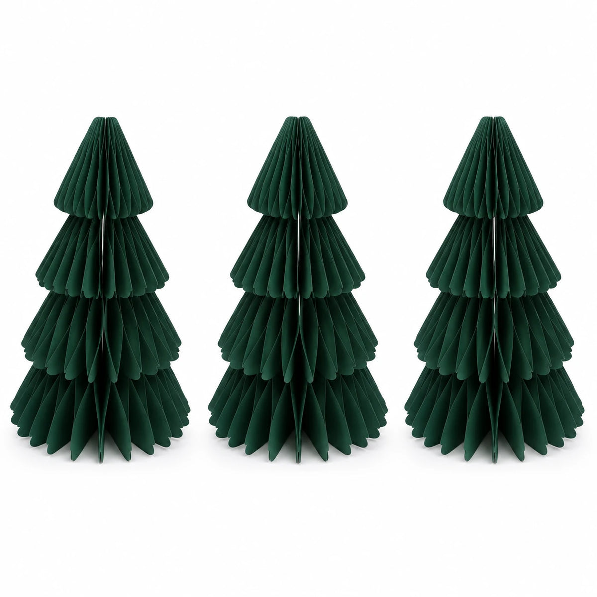 Set of three green medium paper Christmas trees by Satchville, featuring textured paper design on a white background.