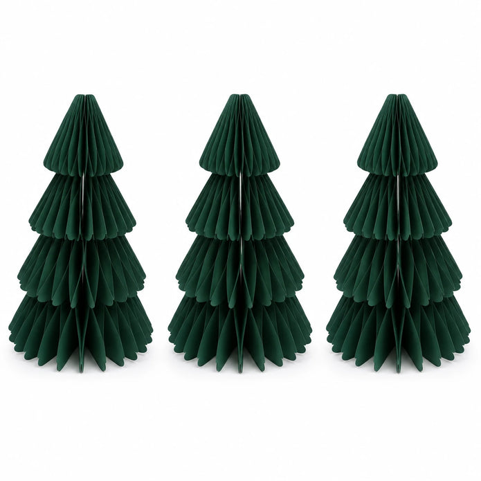 Set of three green medium paper Christmas trees by Satchville, featuring textured paper design on a white background.