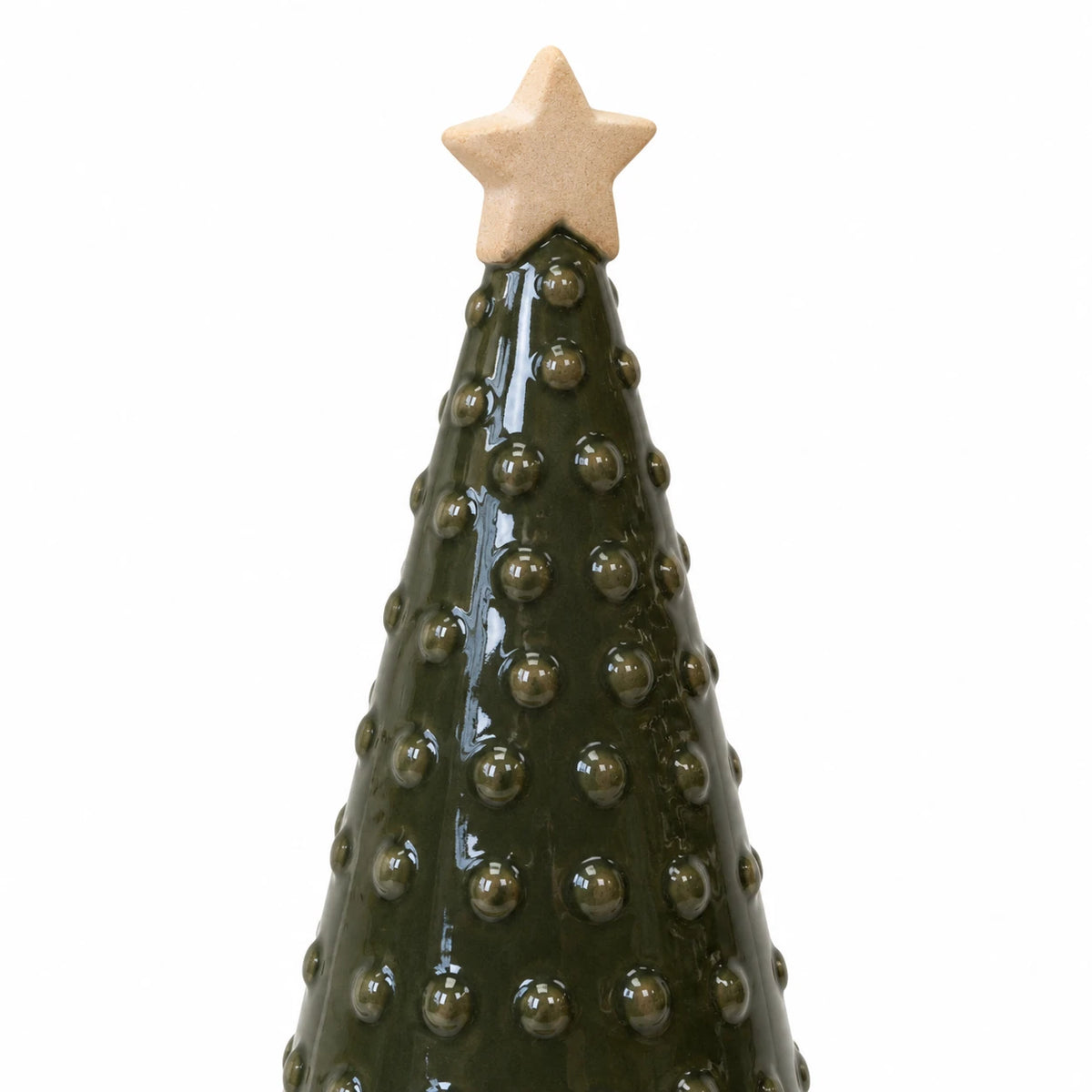 Close-up of the tan star and glossy green raised-dot texture of the large ceramic Christmas tree on white.