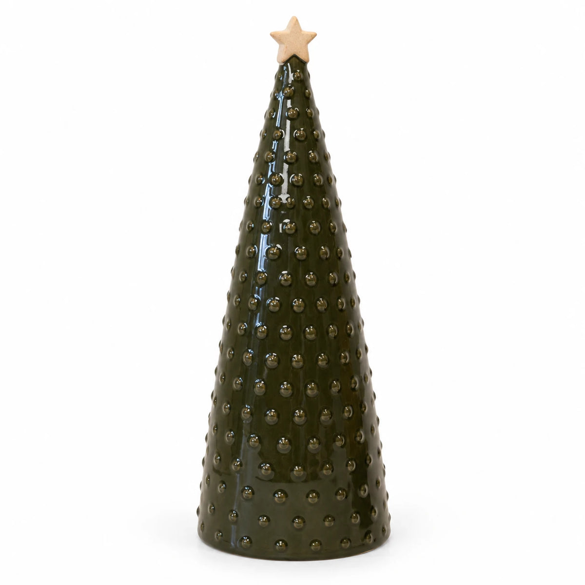 Full view of the large green pimpled ceramic Christmas tree with a tan star on a white background.
