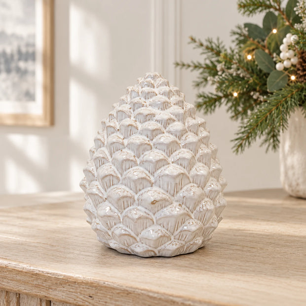 Large ceramic natural pinecone Christmas decoration by Satchville, featuring a detailed pinecone design for festive decor.