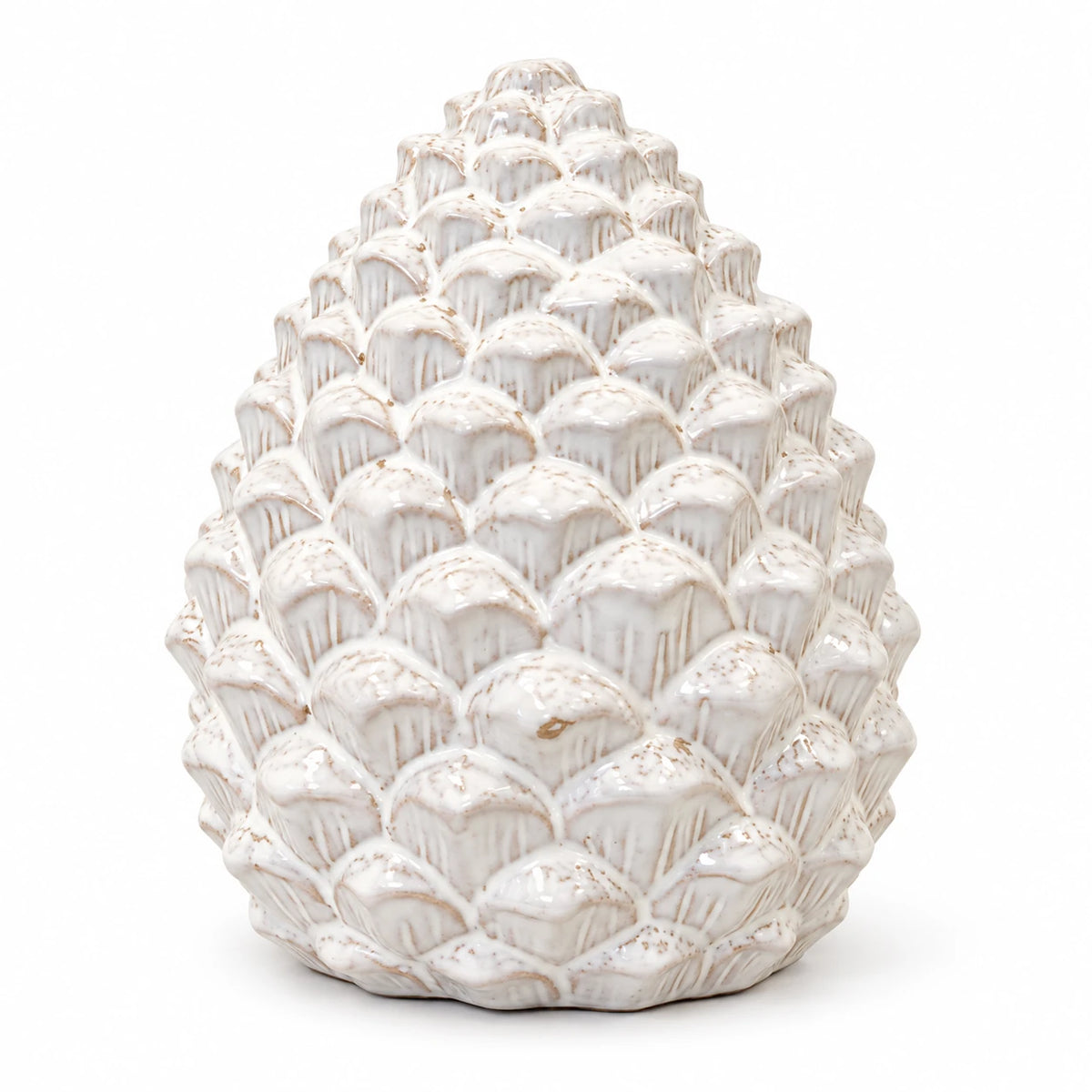 Single large natural ceramic pinecone decoration on a white background