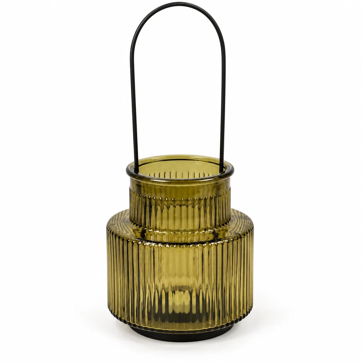 Angled studio view of large olive green glass candle holder showing open rim and ribbed texture