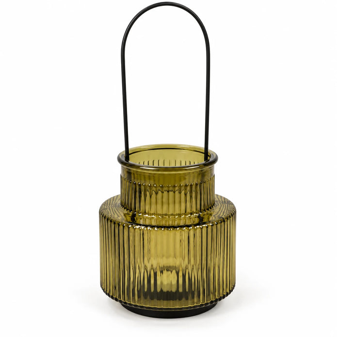 Angled studio view of large olive green glass candle holder showing open rim and ribbed texture