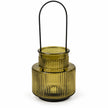 Angled studio view of large olive green glass candle holder showing open rim and ribbed texture