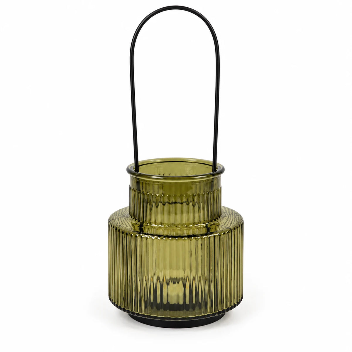 Empty olive green ribbed glass candle holder with tall black handle on white studio background