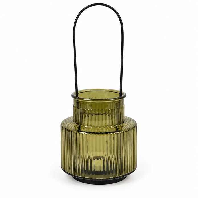 Empty olive green ribbed glass candle holder with tall black handle on white studio background
