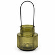 Empty olive green ribbed glass candle holder with tall black handle on white studio background