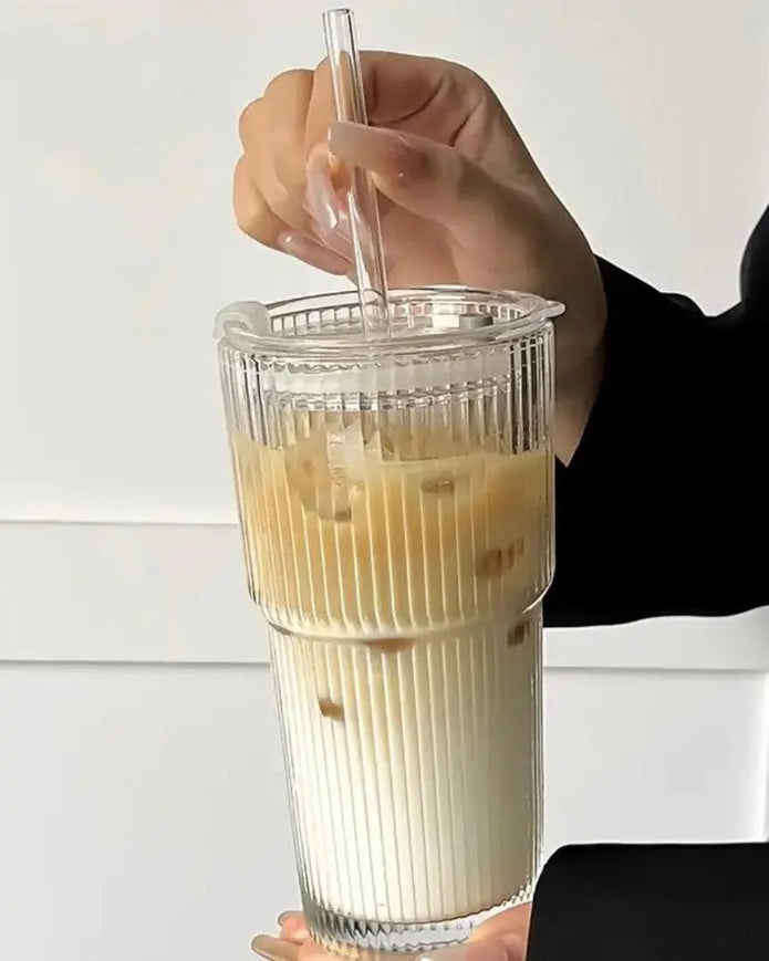 Large Ribbed Lidded Glass Ice Coffee Tumbler Glasses - Kitchen & DiningKitchen & Dining - Lulu Loves Home