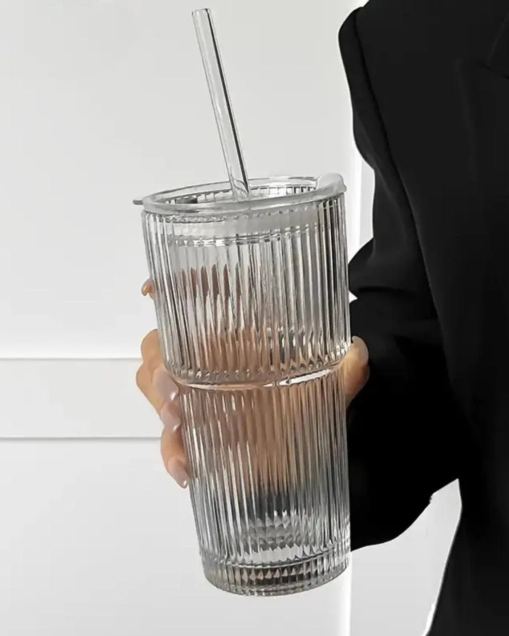 Large Ribbed Lidded Glass Ice Coffee Tumbler Glasses - Kitchen & DiningKitchen & Dining - Lulu Loves Home