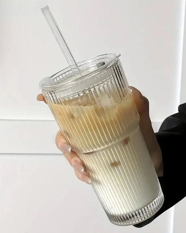 Large Ribbed Lidded Glass Ice Coffee Tumbler Glasses - Kitchen & DiningKitchen & Dining - Lulu Loves Home