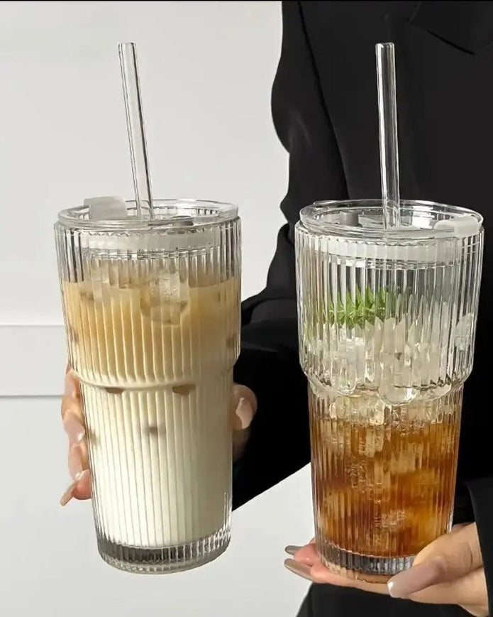 Large Ribbed Lidded Glass Ice Coffee Tumbler Glasses - Kitchen & DiningKitchen & Dining - Lulu Loves Home