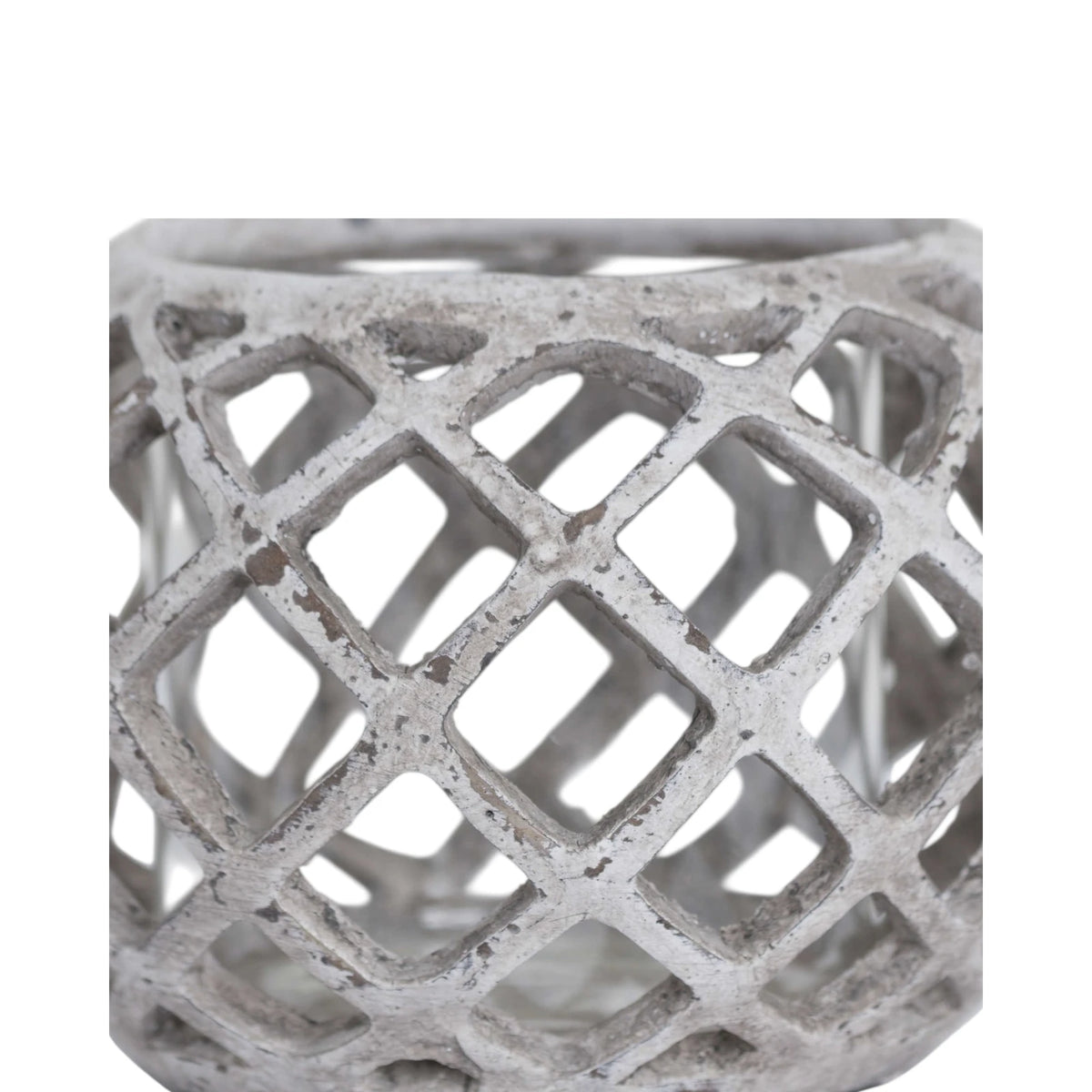 Large round ceramic lattice hurricane lantern, decorative home decor piece with intricate cut-out design.