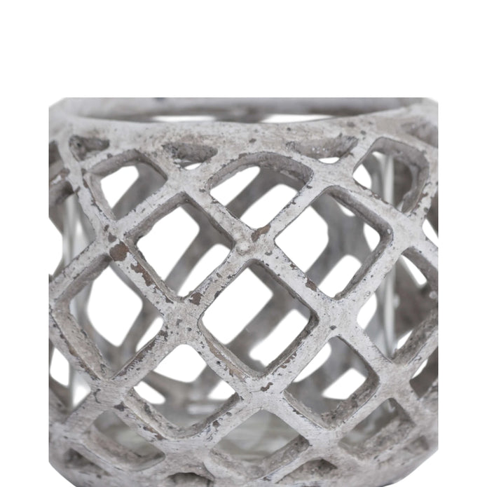 Large round ceramic lattice hurricane lantern, decorative home decor piece with intricate cut-out design.