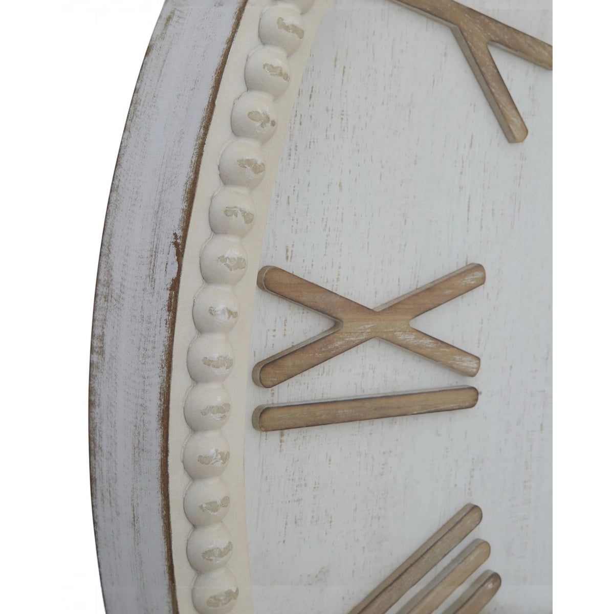 Large rustic white clock with beaded frame, Hill Interiors decorative clock with vintage-inspired design and textured white finish.