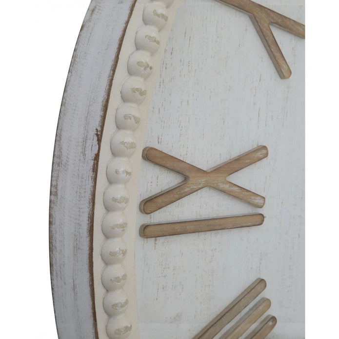 Large rustic white clock with beaded frame, Hill Interiors decorative clock with vintage-inspired design and textured white finish.