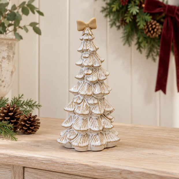 Large stone-glazed ceramic bendy Christmas tree with a cream bow on top, perfect for holiday decor from Satchville.