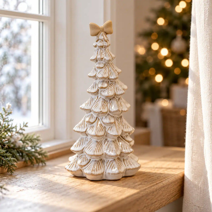 Large stone glazed ceramic bendy Christmas tree with cream bow styled in a christmas window scene