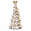 Large stone glazed ceramic bendy Christmas tree with cream bow in a close-up white studio view