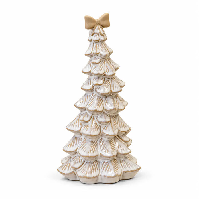 Large stone glazed ceramic bendy Christmas tree with cream bow on white background
