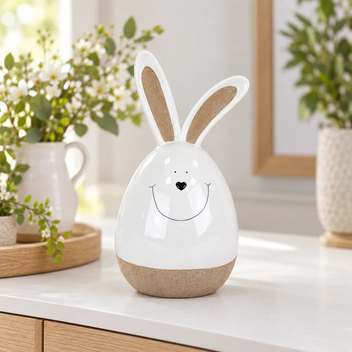 Large white ceramic rabbit on a white dining sideboard with spring greenery and pale oak accents.
