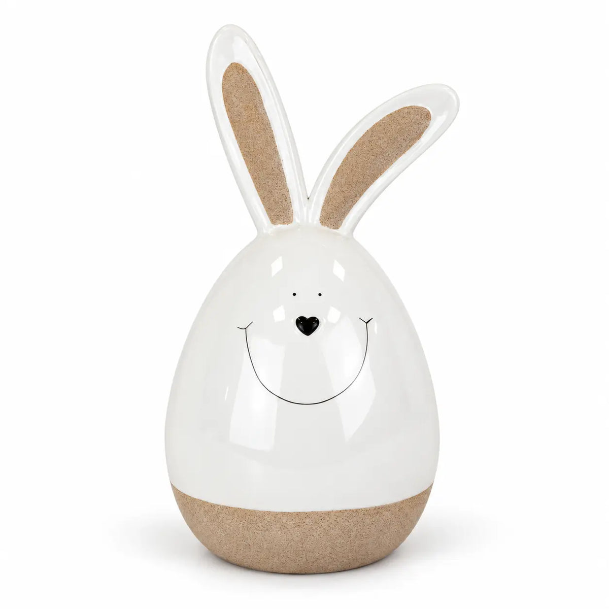 Large white ceramic rabbit ornament with beige inner ears and base on a white background.