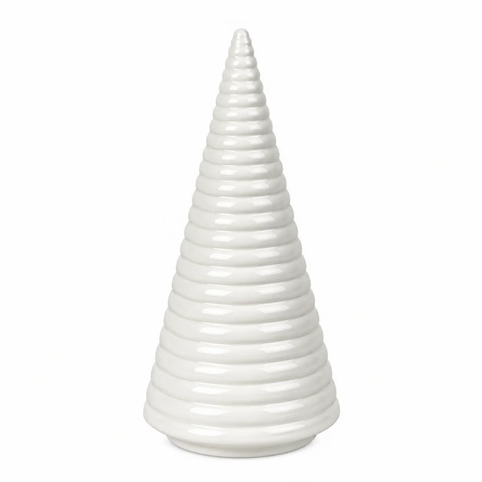 Large white Satchville ceramic Christmas tree decoration on a plain studio background