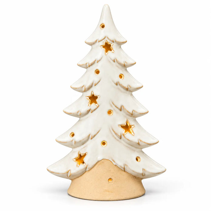Satchville large white ceramic Christmas tree tea light candle holder close-up