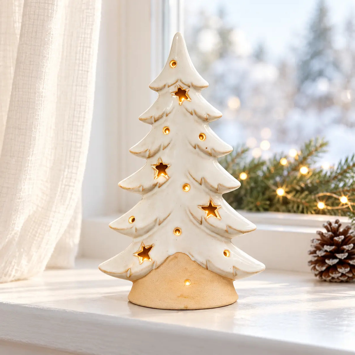 Large white ceramic Satchville Christmas tree tea light candle holder styled on a window sill