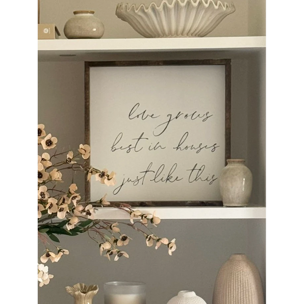 Large white framed home décor sign by Williamraedesigns with "Love Grows Best In Houses" inscription, ideal for wall decoration.