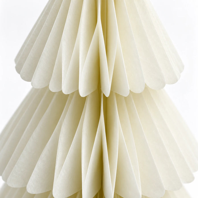 Close-up of winter white paper folds and scalloped tier edges.