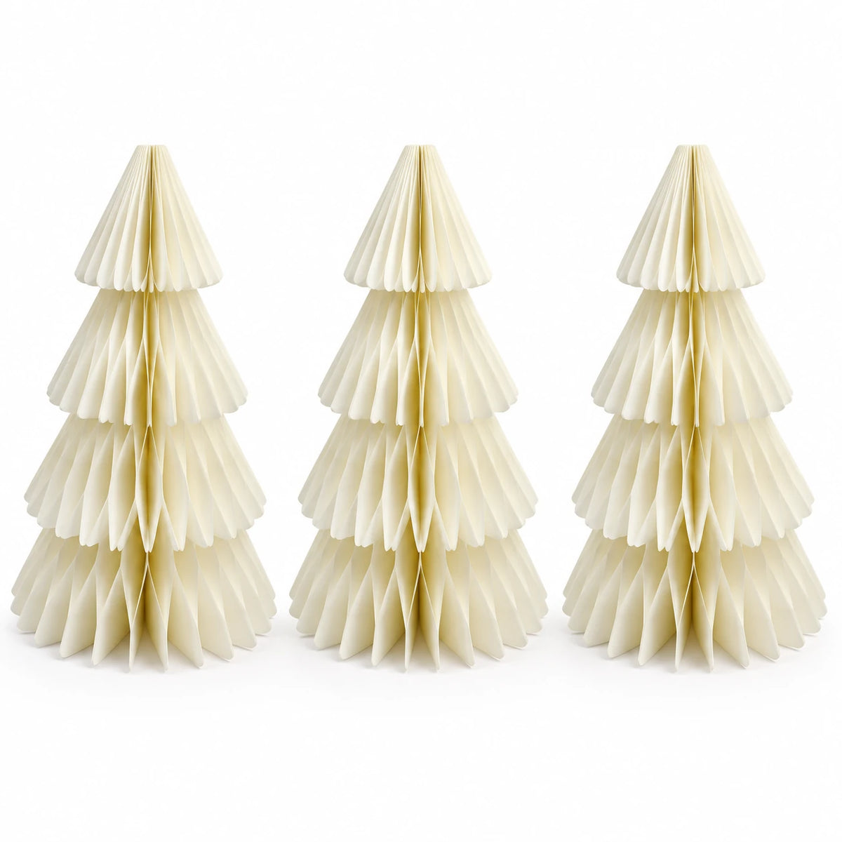 Full set of three identical winter white paper Christmas trees on a white background.