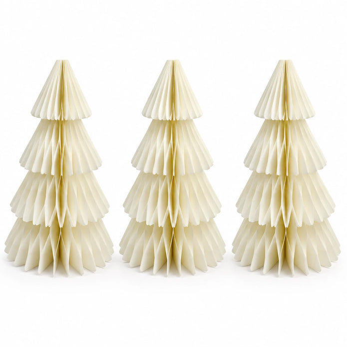 Full set of three identical winter white paper Christmas trees on a white background.
