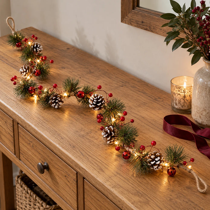 LED pinecone and red berry garland with red bells, lit along an oak console